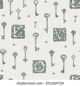 Vector seamless pattern on the theme of love with vintage keys and initial letters in retro style. Abstract background. Wallpaper, wrapping paper, fabric.