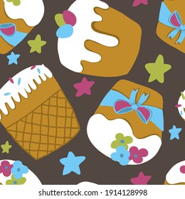 vector seamless pattern on the theme of Easter with cupcakes, cakes and stars. Pattern for printing on textiles and packaging paper.
