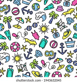 Vector seamless pattern on the theme of summer, sea, holiday, travel and tourism. Colorful background with doodles. Line art for use in design