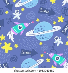 Vector seamless pattern on the theme of space. Colorful background with cartoon cosmonaut, planet, rocket, stars. Flat art for use in design