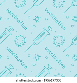 Vector seamless pattern on theme of vaccination. Contour molecules, coronavirus cells and a vaccine syringes. Medical background and texture in the Doodle style