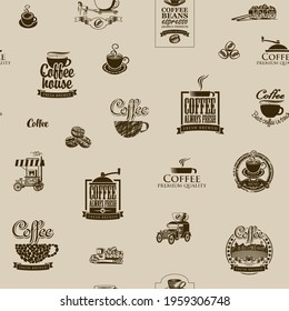Vector seamless pattern on the theme of coffee with coffee beans, and illustrations on background in retro style. Wallpaper, wrapping paper or fabric