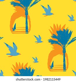 Vector seamless pattern on the theme of sea summer travel. Tropical repeatable background with seagulls, silhouettes of pineapples, palm trees and surfers at sundown or sunrise on a yellow backdrop