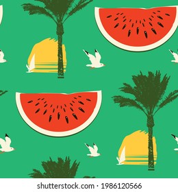 Vector seamless pattern on theme of sea summer travel. Tropical background with ripe red watermelon slices, seagulls, silhouettes of palm trees and surfers at sunset or sunrise on a green backdrop