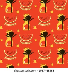 Vector seamless pattern on theme of sea summer travel. Tropical background with watermelon slices, seagulls, silhouettes of pineapples, palm trees and surfers at sunset or sunrise on a red backdrop