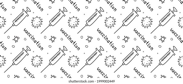Vector seamless pattern on theme of vaccination. Contour molecules, coronavirus cells and a vaccine syringes. Medical background and texture in the Doodle style