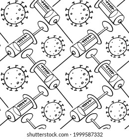 Vector seamless pattern on theme of vaccination. Contour molecules, coronavirus cells and a vaccine syringes. Medical background and texture in the Doodle style