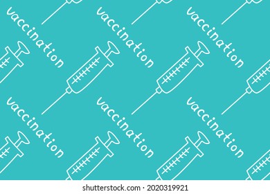 Vector seamless pattern on theme of vaccination. Contour vaccine syringes with letterings. Hand drawn black outline doodle isolated. Medical background and texture