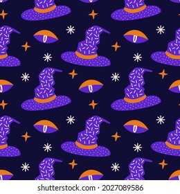 Vector seamless pattern on the theme of Halloween. Magic eye witch hat and stars. For printing on fabric, clothing, paper. Purple on a dark blue background. Digital paper.