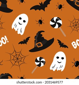 vector seamless pattern on the theme of halloween with witch hats, ghosts, lollipops, spiders and spider webs on orange background. pattern in flat style for printing on fabric, wrapping paper