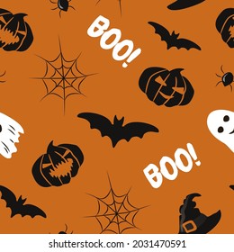 vector seamless pattern on the theme of halloween with pumpkins, ghosts, bats, spiders and spider webs on orange background. pattern in flat style for printing on fabric, wrapping paper