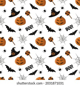 vector seamless pattern on the theme of halloween with witch hats, ghosts, lollipops, spiders and spider webs on white background. pattern in flat style for printing on fabric, wrapping paper