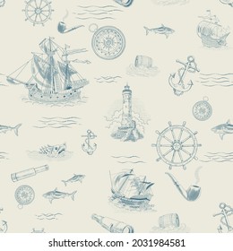 Vector Seamless Muster zum Thema Reise, Abenteuer und Entdeckung. Vintage handgezeichnete Segelboote, gesunkene Schiffe, Karte, Windrose, Anker, Lenkrad, Kompass. Attribute der Seeschifffahrt