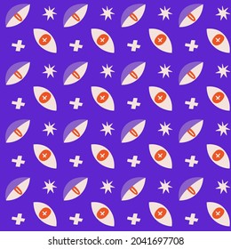 Vector seamless pattern on the theme of Halloween and magic. Bright eye on a purple background. For printing on fabric, clothing, paper. Purple on a blue background. Digital paper.