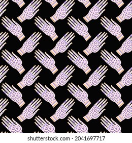 Vector seamless pattern on the theme of Halloween. Zombie hand with a pattern. For printing on fabric, clothing, paper. Purple on a blue background. Digital paper.