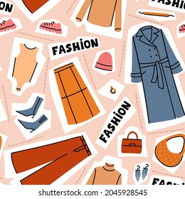 Vector seamless pattern on the theme of fashion. Cartoon background with women's wardrobe, clothes