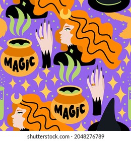 Vector seamless pattern on the theme of magic witch, cauldron, potion, cat under hat