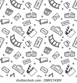 vector seamless pattern on the theme of cinema in the style of doodle
