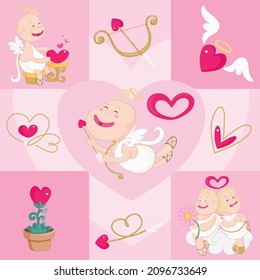 Vector seamless pattern on the theme of Cupid and Valentine's day with hearts, bow, arrow, cupid's. Pattern for fabric, textile, wrapping paper, wallpaper, a backdrop for a wedding, invitation card.