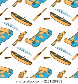 Vector Seamless Pattern On The Theme Of Sea Cruise Boat, Map, Spyglass