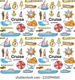 Vector Seamless Pattern On The Theme Of Sea Cruise Lighthouse, Lifebuoy, Anchor, Boat, Map, Spyglass