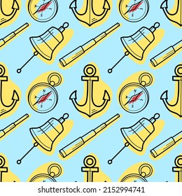 Vector Seamless Pattern On The Theme Of Sea Cruise, Anchor, Bell, Rynda, Anchor, Spyglass