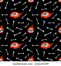 Vector seamless pattern on the theme of halloween. Skulls on fire on a black background. Bones and skull of a bird in profile. Dark creepy illustration