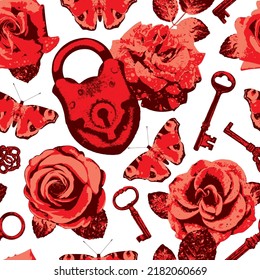 vector seamless pattern on the theme of love with roses and butterflies, keys and lock. Vector background in retro style for valentine greeting. Wallpaper, wrapping paper, fabric