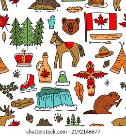Vector seamless pattern on the theme of Canada. Pattern with colored symbols. Background for use in design, web site, packing, textile, fabric. Canada bright design.