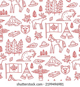 Vector seamless pattern on the theme of Canada. Pattern with colored symbols. Background for use in design, web site, packing, textile, fabric. Canada bright design.