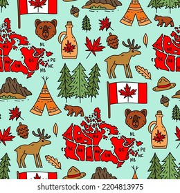 Vector seamless pattern on the theme of Canada. Pattern with colored symbols. Background for use in design, web site, packing, textile, fabric. Canada bright design.