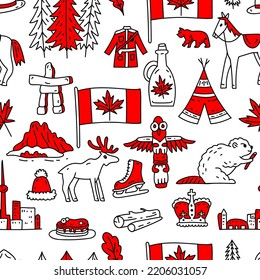 Vector seamless pattern on the theme of Canada. Pattern with colored symbols. Background for use in design, web site, packing, textile, fabric. Canada bright design.