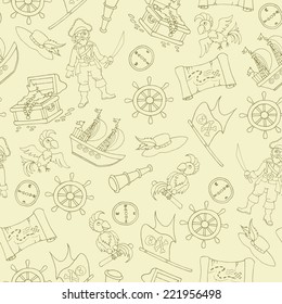 Vector seamless pattern on the theme of pirates with symbols of piracy. Cartoon background for use in design, web site, packing, textile, fabric