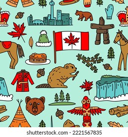 Vector seamless pattern on the theme of Canada. Pattern with colored symbols. Background for use in design, web site, packing, textile, fabric. Canada bright design.