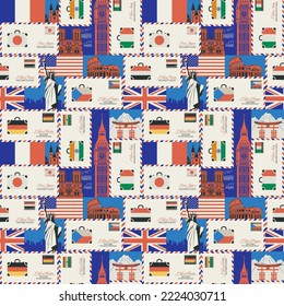 Vector seamless pattern on theme of travel to various countries of Europe, Asia and America. Retro background with envelopes, flags and architectural landmarks. Wallpaper, wrapping paper, fabric