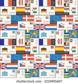 Vector seamless pattern on theme of travel to countries of Euro union. Repeatable background with flags, envelopes and postcards in retro style. Suitable for wallpaper, wrapping paper, fabric