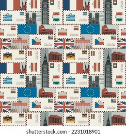 Vector seamless pattern on theme of travel to countries of Euro union. Repeatable background with envelopes, flags and architectural landmarks in retro style. Wallpaper, wrapping paper, fabric