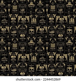 Vector seamless pattern on theme of wine with various wine labels with images of grapes, landscapes, winery, castles, sailboats, fruits and other in retro style