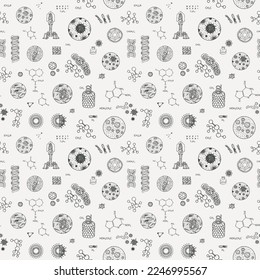 Vector seamless pattern on theme of chemistry, biology, medicine, genetics. Black and white illustration with drawings and sketches in retro style. Suitable for wallpaper, wrapping paper, fabric