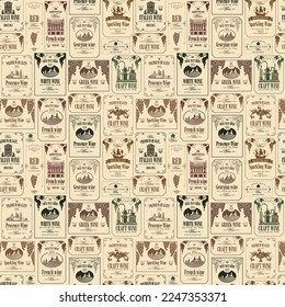 Vector seamless pattern on theme of wine with various wine labels with images of grapes, landscapes, winery, castles, sailboats, fruits and other in retro style
