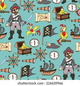 Vector seamless pattern on the theme of pirates with colorful symbols of piracy. Cartoon background for use in design, web site, packing, textile, fabric