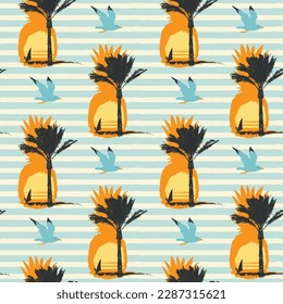 Vector Seamless pattern on the theme of sea summer recreation with silhouettes of pineapples, palm trees and surfers at sunset or sunrise on a blue striped backdrop. Travel background in retro style