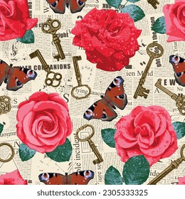 vector seamless pattern on the theme of love with roses, butterflies and keys against the background of scraps piece of newspapers and magazines. Background in retro style for valentine greeting. 