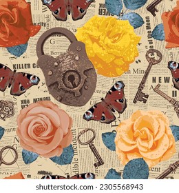 vector seamless pattern on the theme of love with roses, butterflies, keys and lock against the background of scraps piece of newspapers and magazines. Background in retro style for valentine greeting