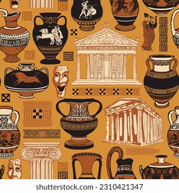 Vector seamless pattern on the theme of Ancient Greece with hand-drawn illustrations. Wallpaper, wrapping paper or fabric with ancient Greek amphorae, culture and architecture symbols