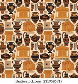 Vector seamless pattern on the theme of Ancient Greece with hand-drawn illustrations. Wallpaper, wrapping paper or fabric with ancient Greek amphorae, culture and architecture symbols