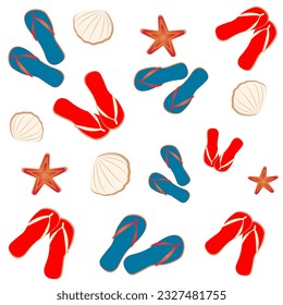 Patrón vectorial sin fisuras en la temática de la playa, chanclas, conchas y pez estrella. Motivos de verano sobre un fondo blanco y transparente. Para textiles, impresiones, prendas de vestir, raspado, pancarta