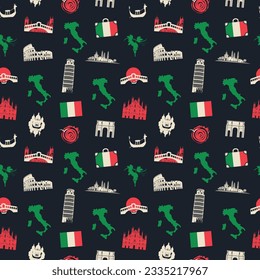 Vector seamless pattern on the theme of Italy with Italian architectural landmarks and a map in the colors of the Italian flag on black background. Suitable for Wallpaper, wrapping paper, fabric