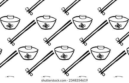 Vector seamless pattern on the theme of Japanese cuisine, restaurant, cafe. Sketch, doodle. Black on white. Wallpaper, background, fabric, wrapping paper. Eps10