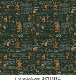 Vector seamless pattern on the theme of tea and coffee. Hand-drawn background with kitchen items, blobs and handwritten lorem ipsum text. Suitable for retro wallpaper, wrapping paper, fabric